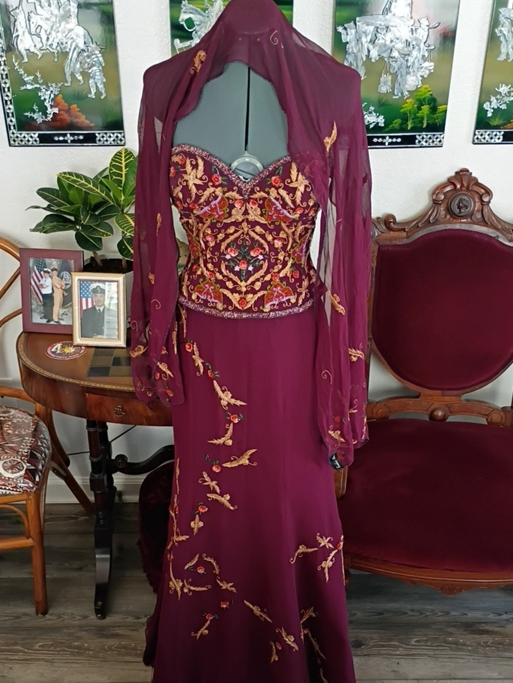 100% Silk Burgundy Gown With Beautiful Embroidery And Matching Scarf Size 8